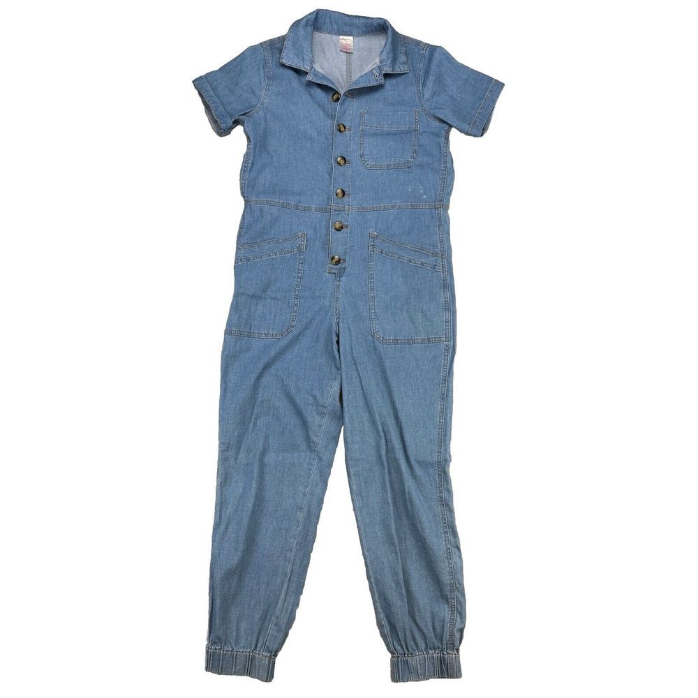 No Boundaries Juniors Denim Short Sleeve Bottom Up Romper Jumpsuit Y2K Sz M 7-9